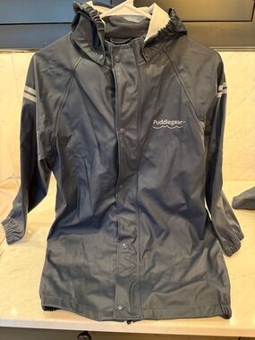 NWOT Puddlegear Navy Kids Waterproof Zipped Rain Jacket Hood Size 150 (US 12)